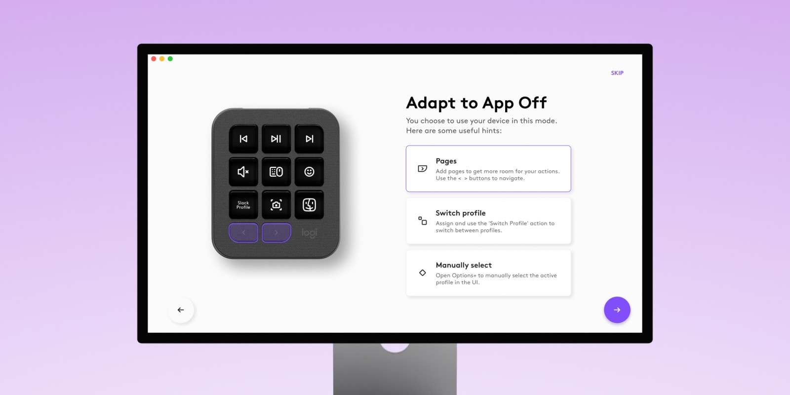 “Adapt to App Off” screen with three hints.