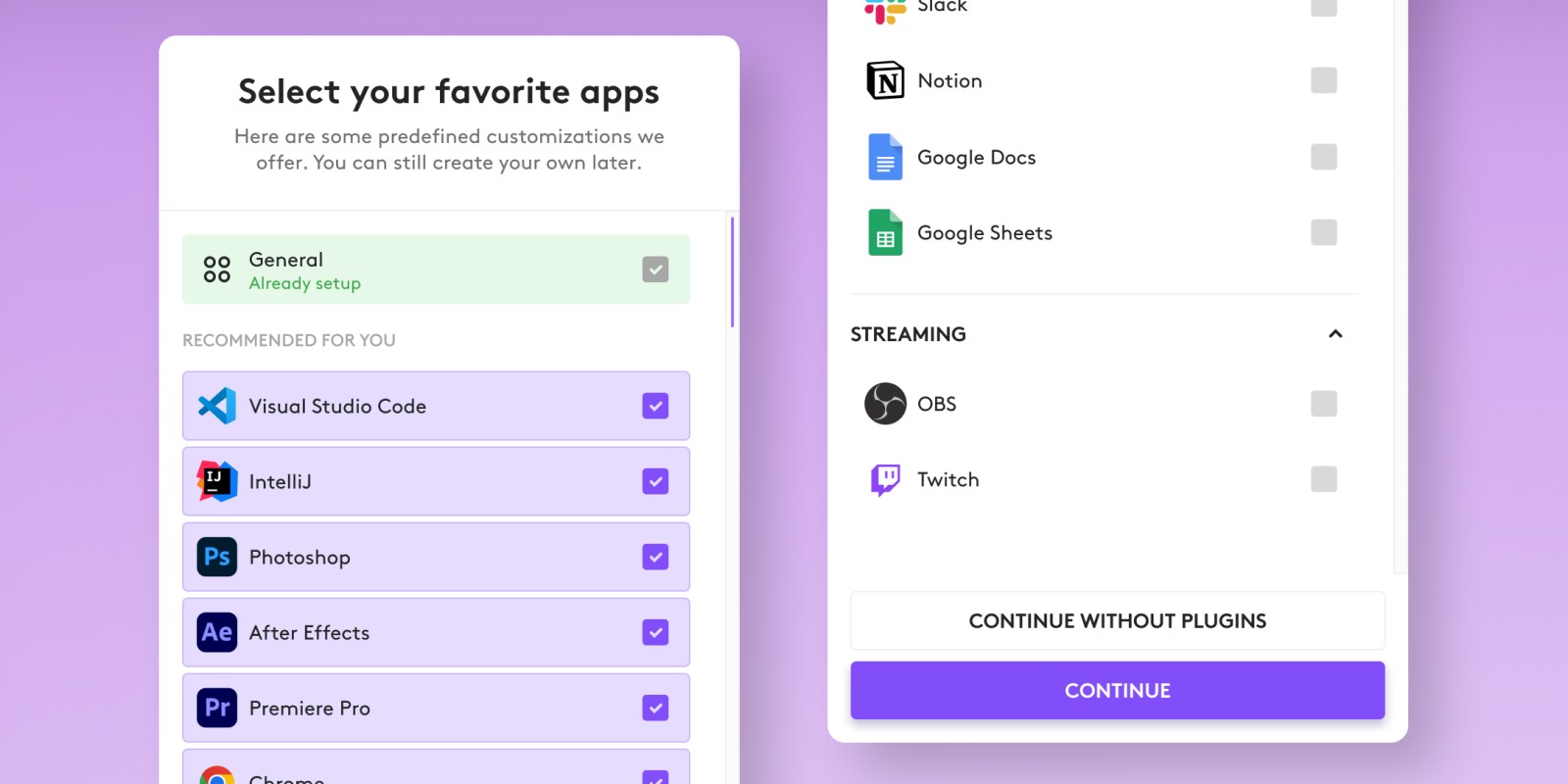 Detail of the plugin list, with the Streaming and other categories.
