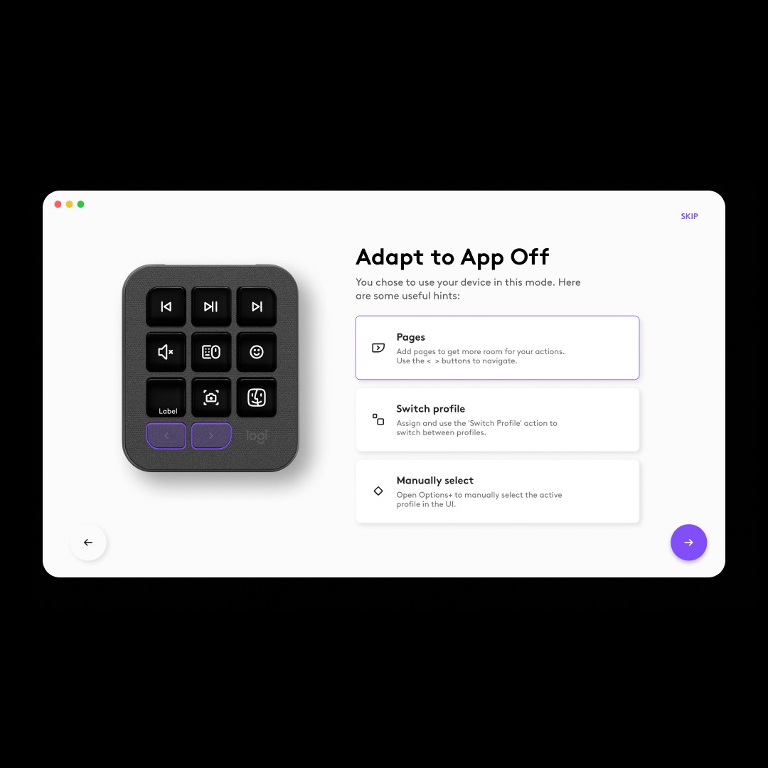 “Adapt to App Off” screen: three hints (Pages, Switch profile, Manually select) beside the pad.