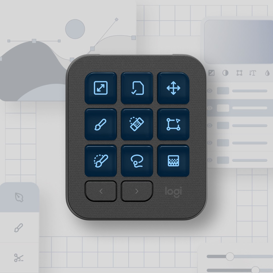 Pad with dark blue keys over a background of drawing tools.