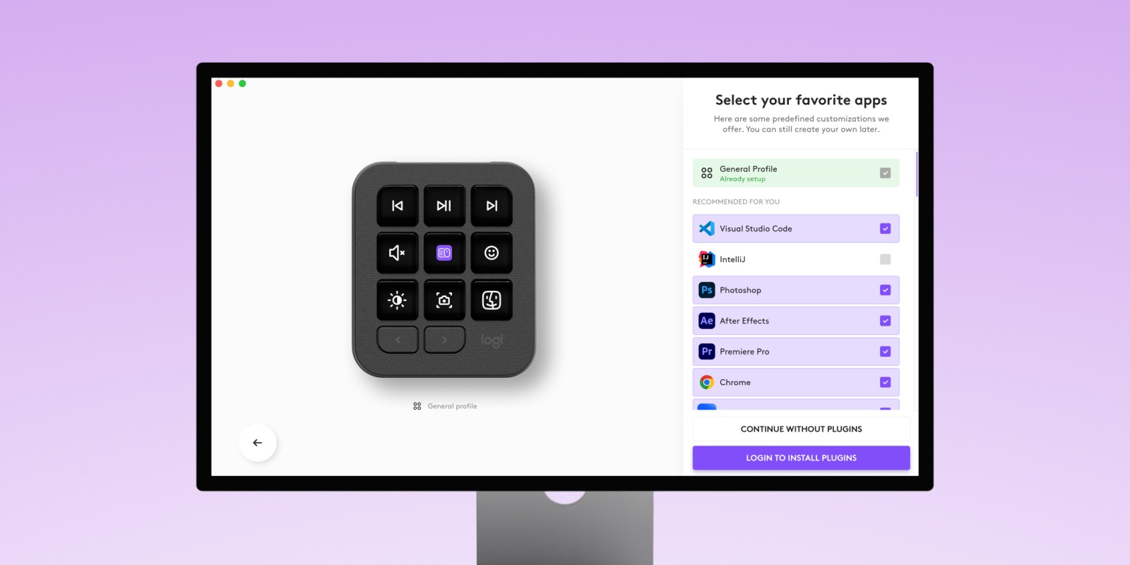 “Select your favorite apps” screen: recommended plugins, pre-ticked.