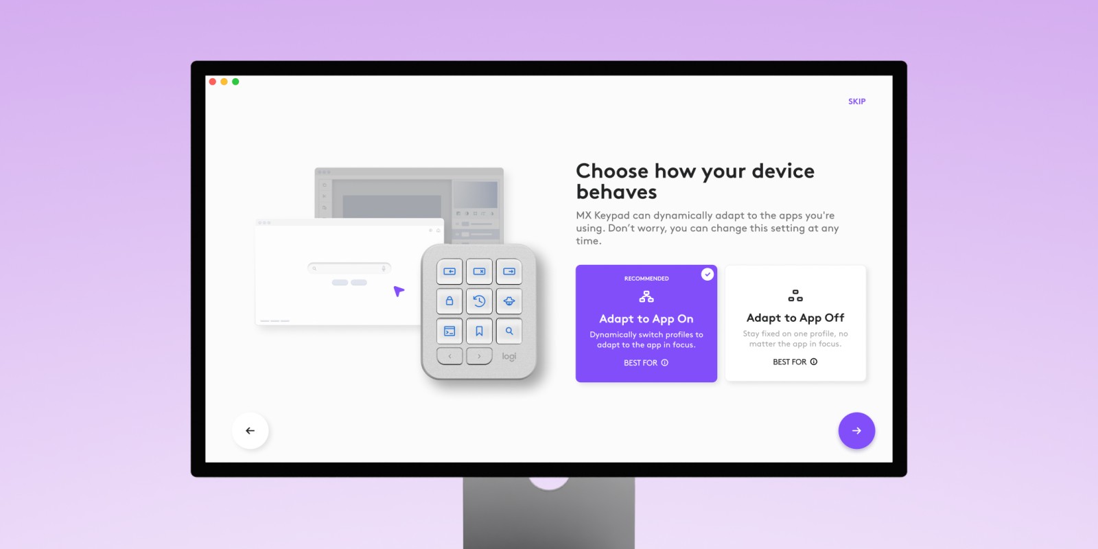 “Choose how your device behaves” screen with Adapt to App On and Off.