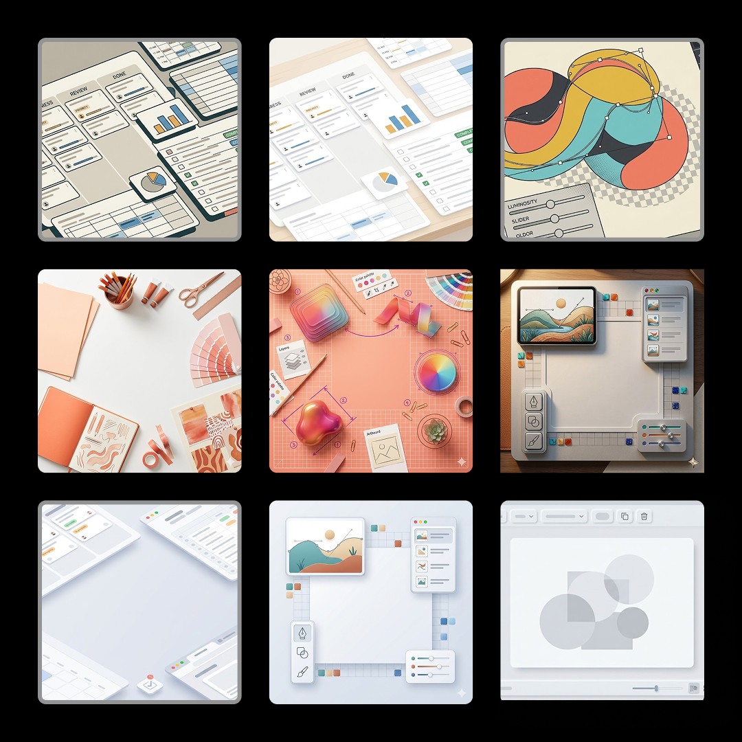 Nine background illustration directions, from creative desks to project boards.
