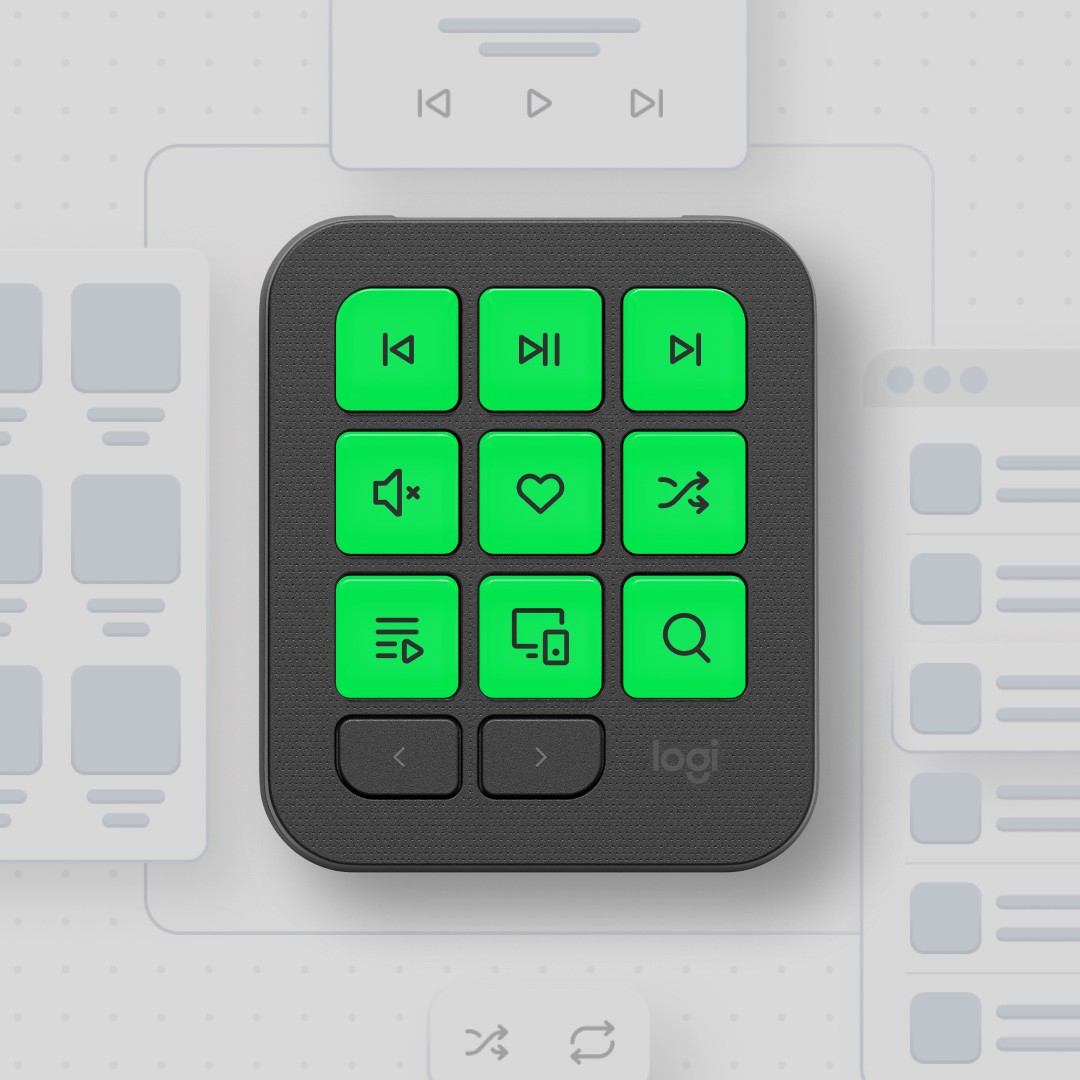 Pad with green keys over a music-player background.