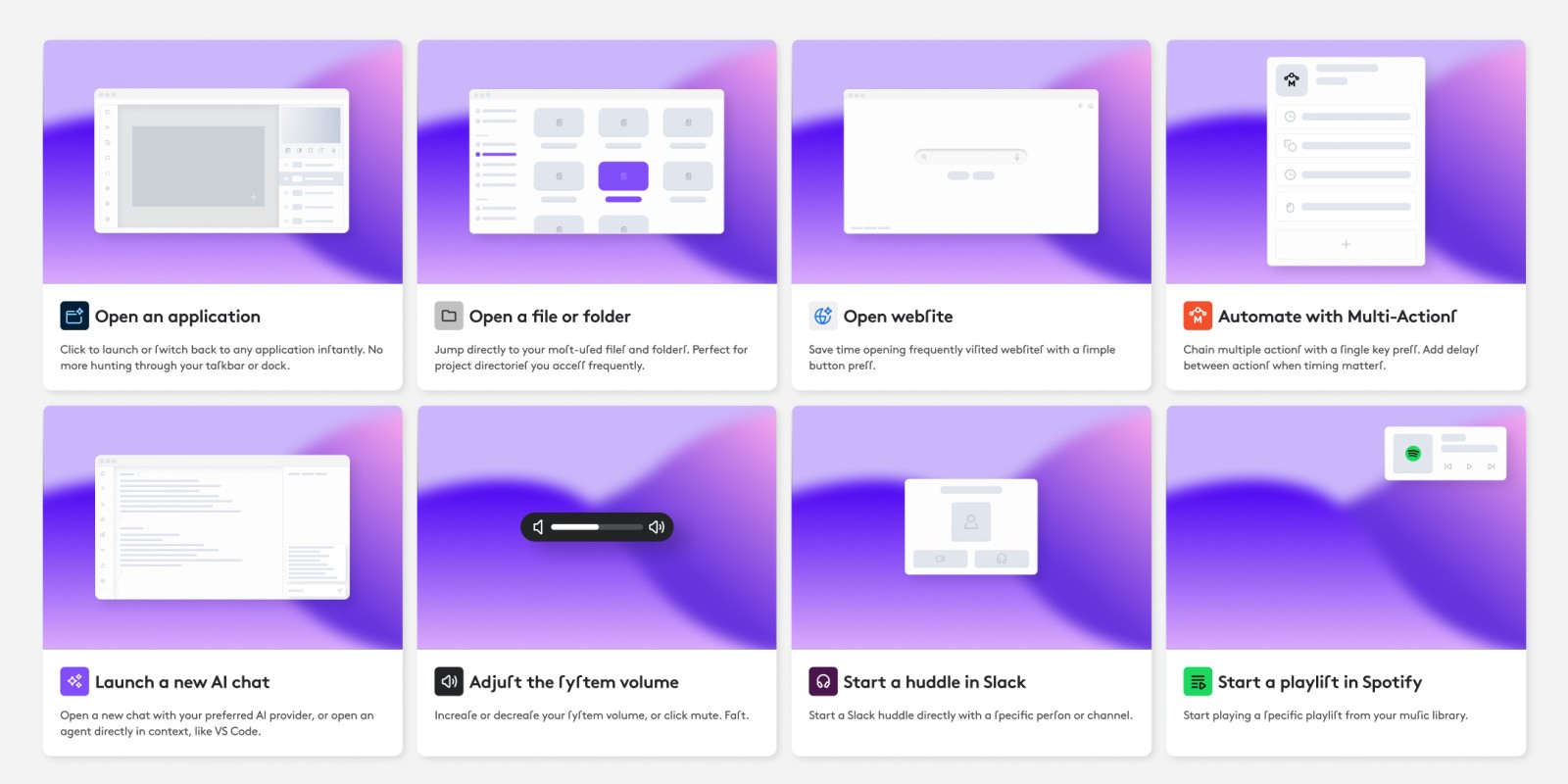 Eight action cards: open an app, a file or a website, chain actions, start an AI chat, adjust volume, start a Slack huddle, play a playlist.