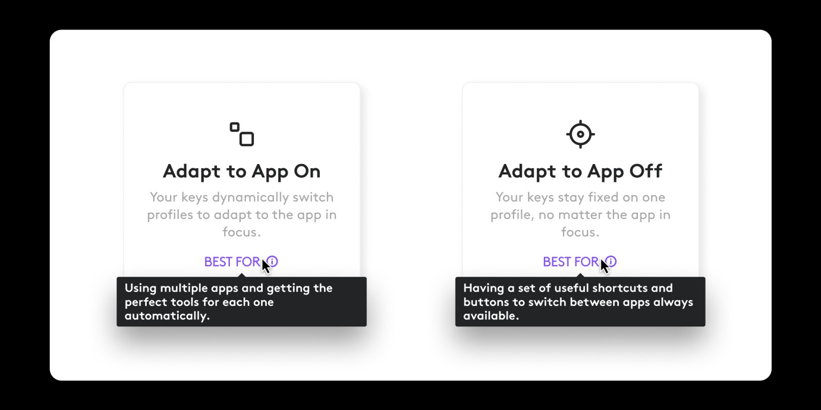 Two cards, Adapt to App On and Adapt to App Off, with their “Best for” tooltips.