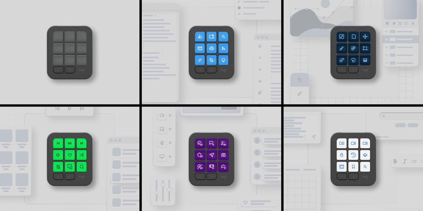 Six variants of the pad on a neutral background: empty, blue, dark blue, green, purple, white.