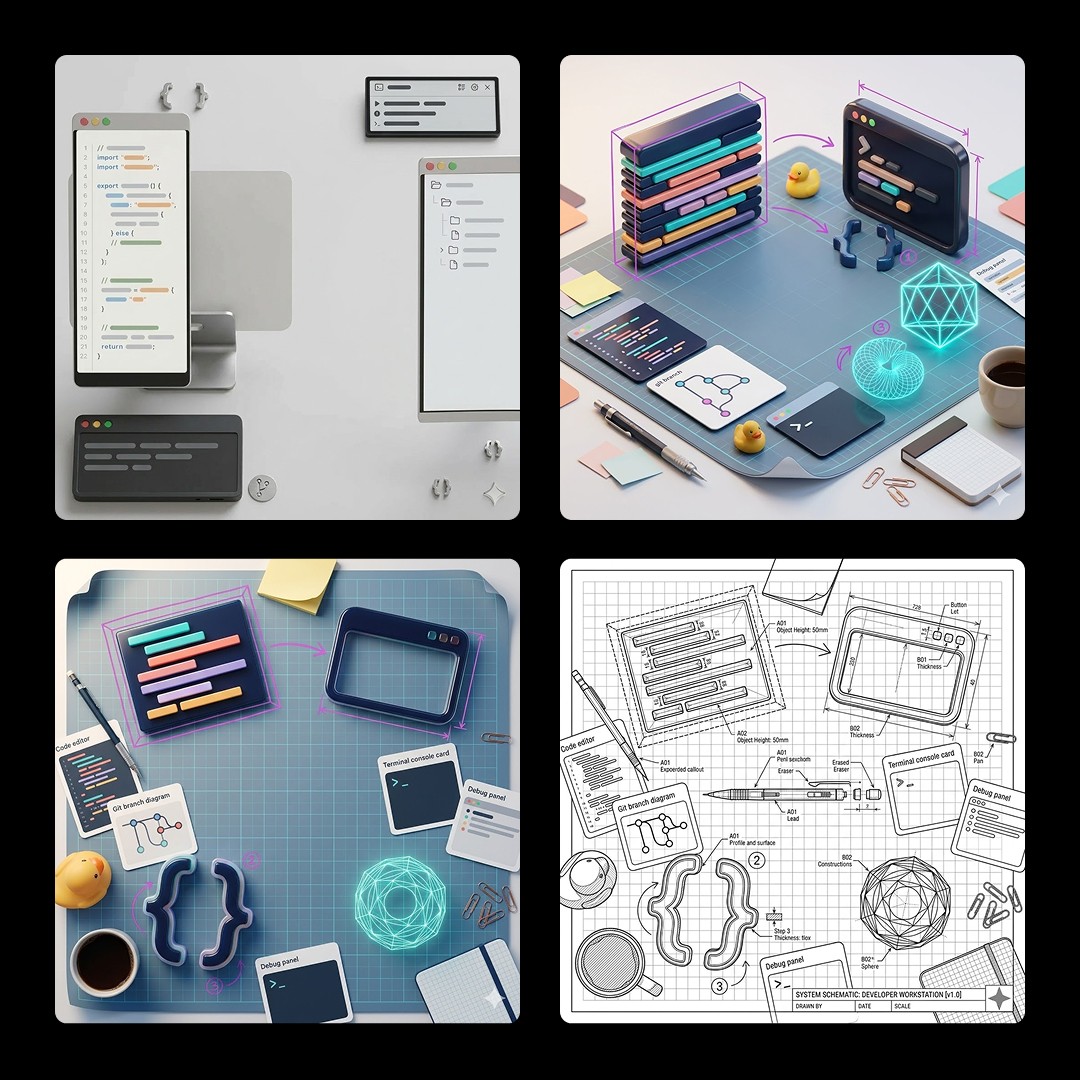 Four illustration directions for the Coding category, from a code editor to a technical blueprint.