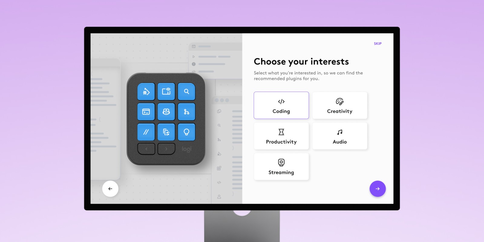 “Choose your interests” screen with five categories.
