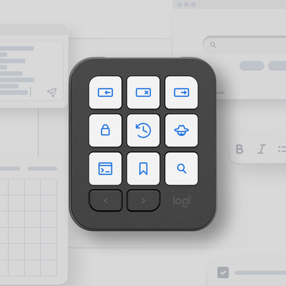 Pad with white keys and blue icons over a background of browser and text windows.