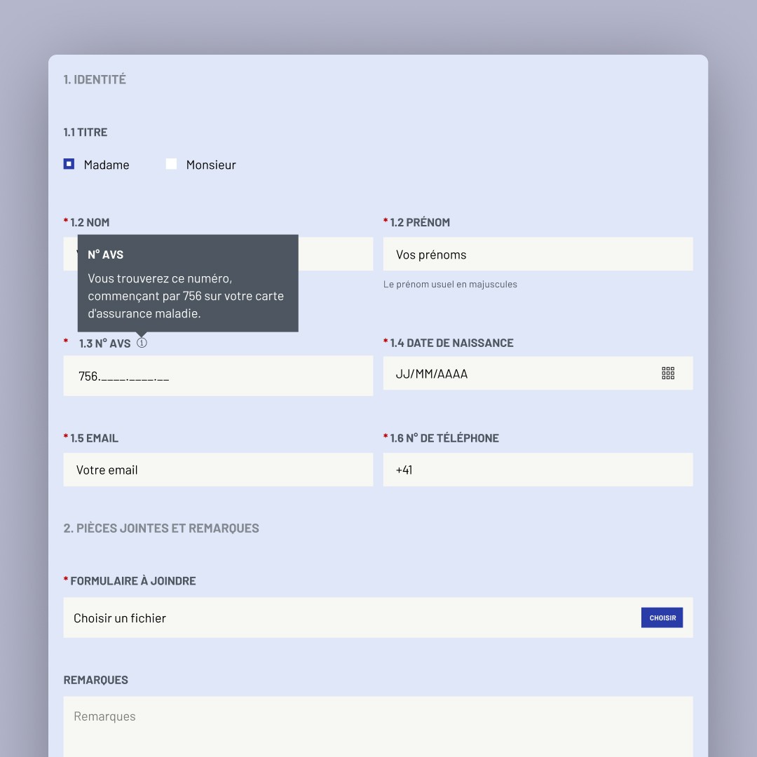 Online form: identity, attachments and remarks, with a tooltip on the AVS number.