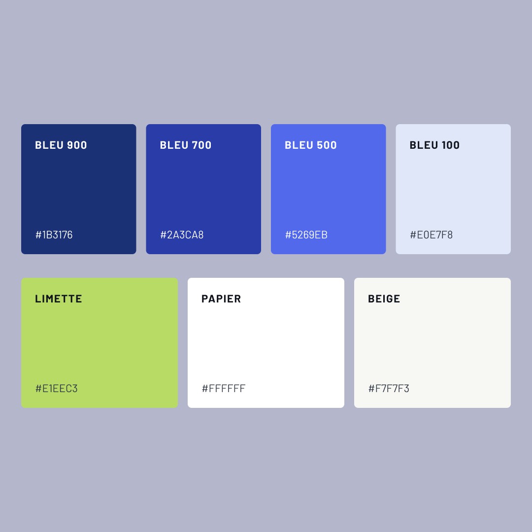 Palette: Bleu 900, 700, 500 and 100, Limette, Papier and Beige, with their hex codes.