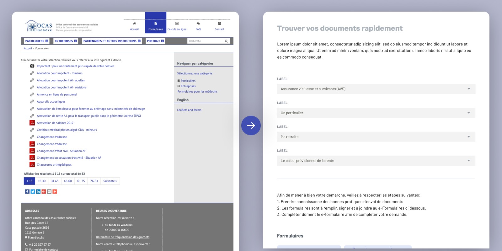 Left, the old list of forms and PDFs; right, the “Trouvez vos documents rapidement” page with four selectors.