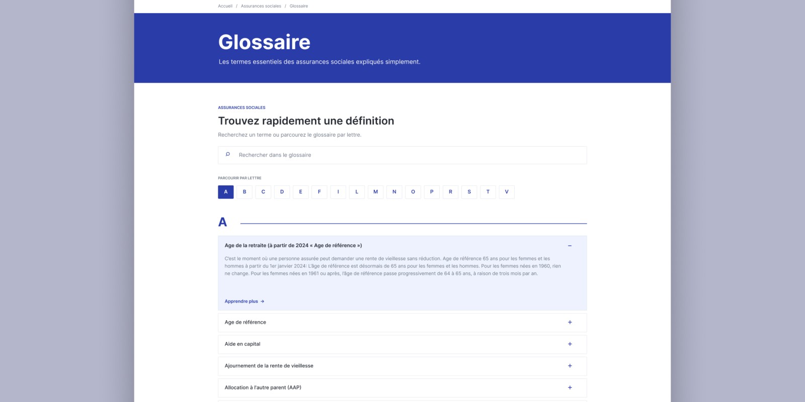 “Glossaire” page: search field, A–Z index and expandable definitions.