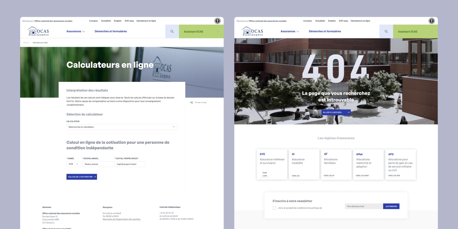 The “Calculateurs en ligne” page and the 404 error page.