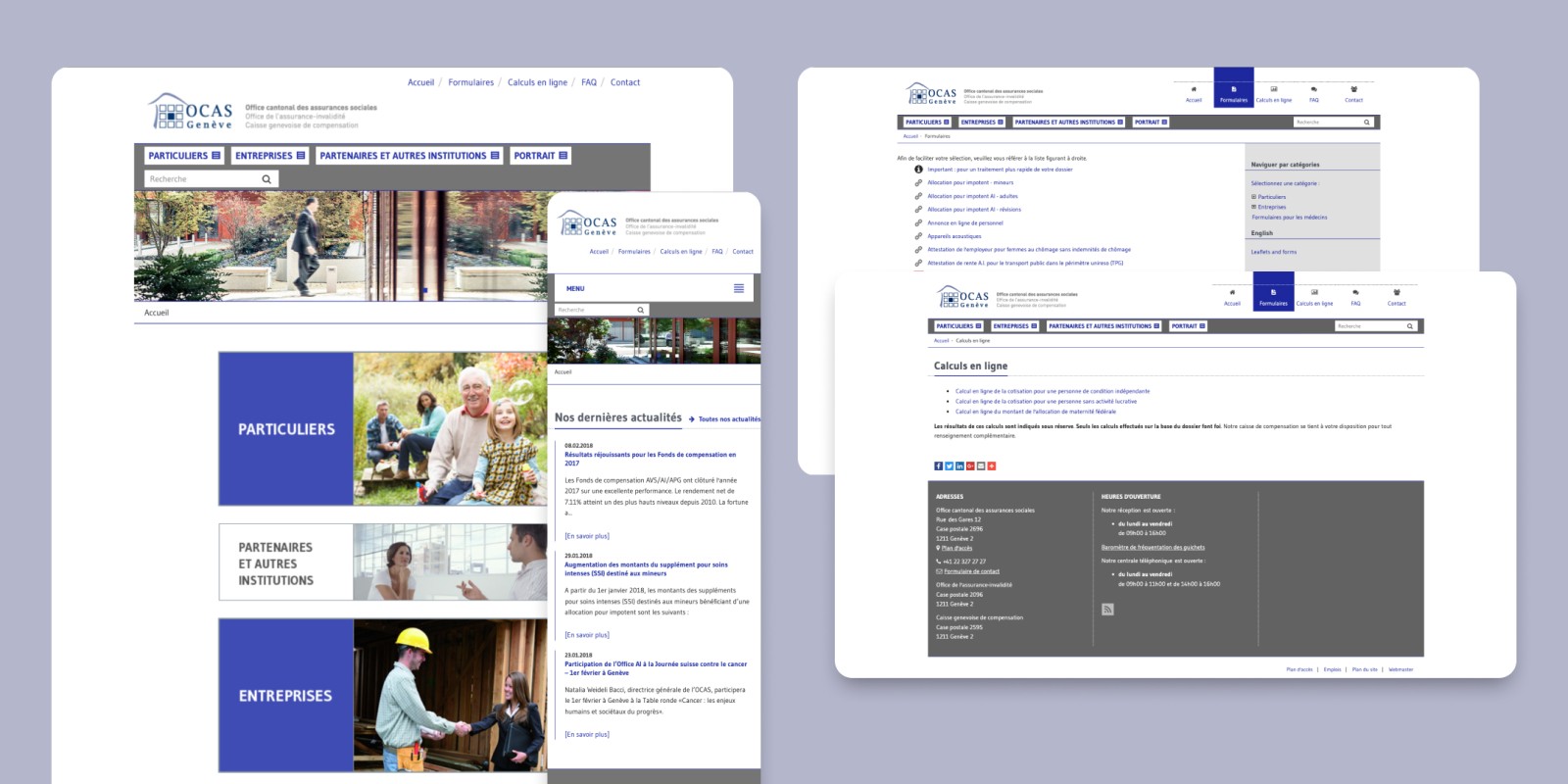 The old OCAS site: home page, mobile version, forms list and the “Calculs en ligne” page.