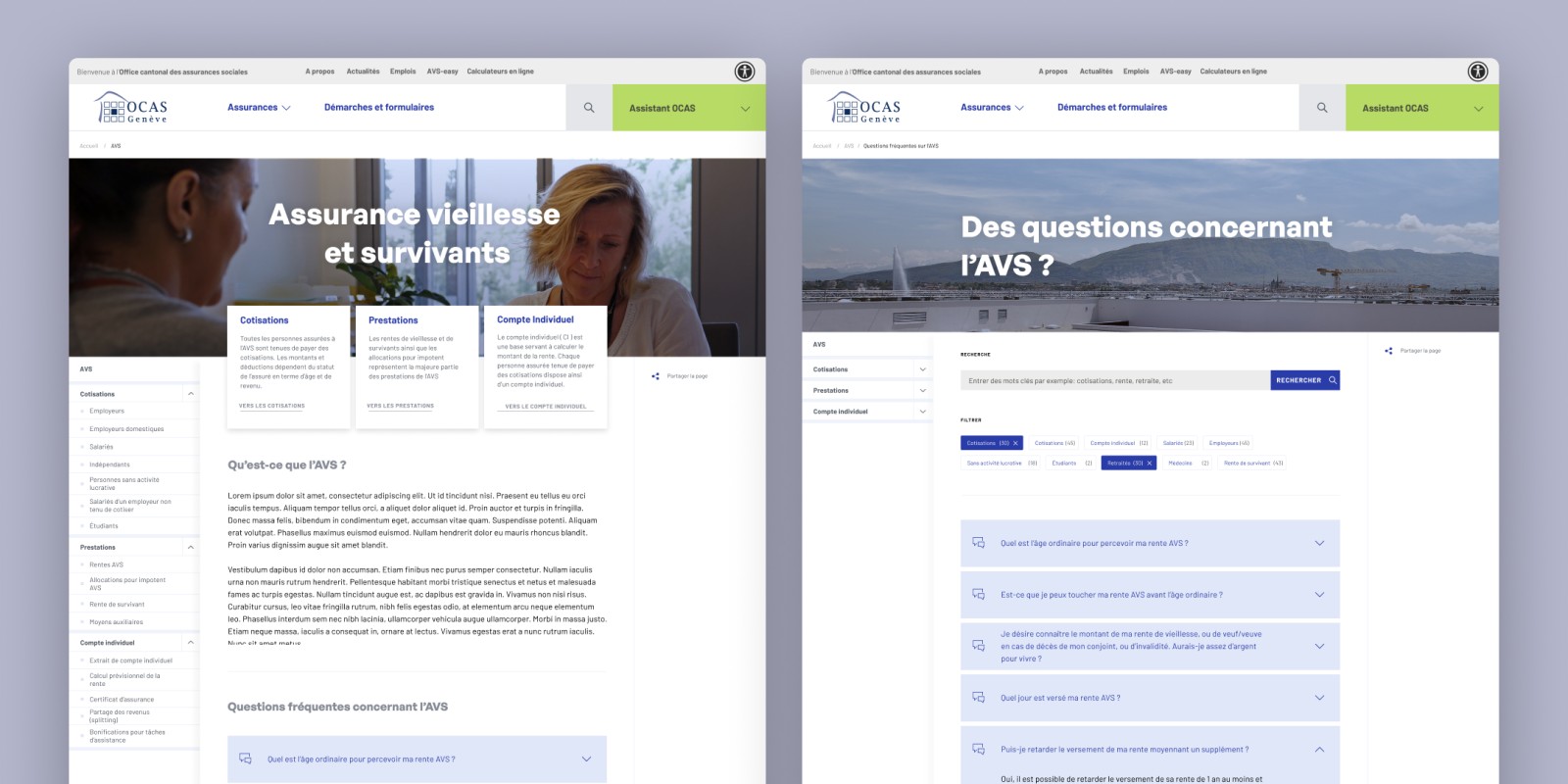 The “Assurance vieillesse et survivants” and “Des questions concernant l’AVS ?” pages.