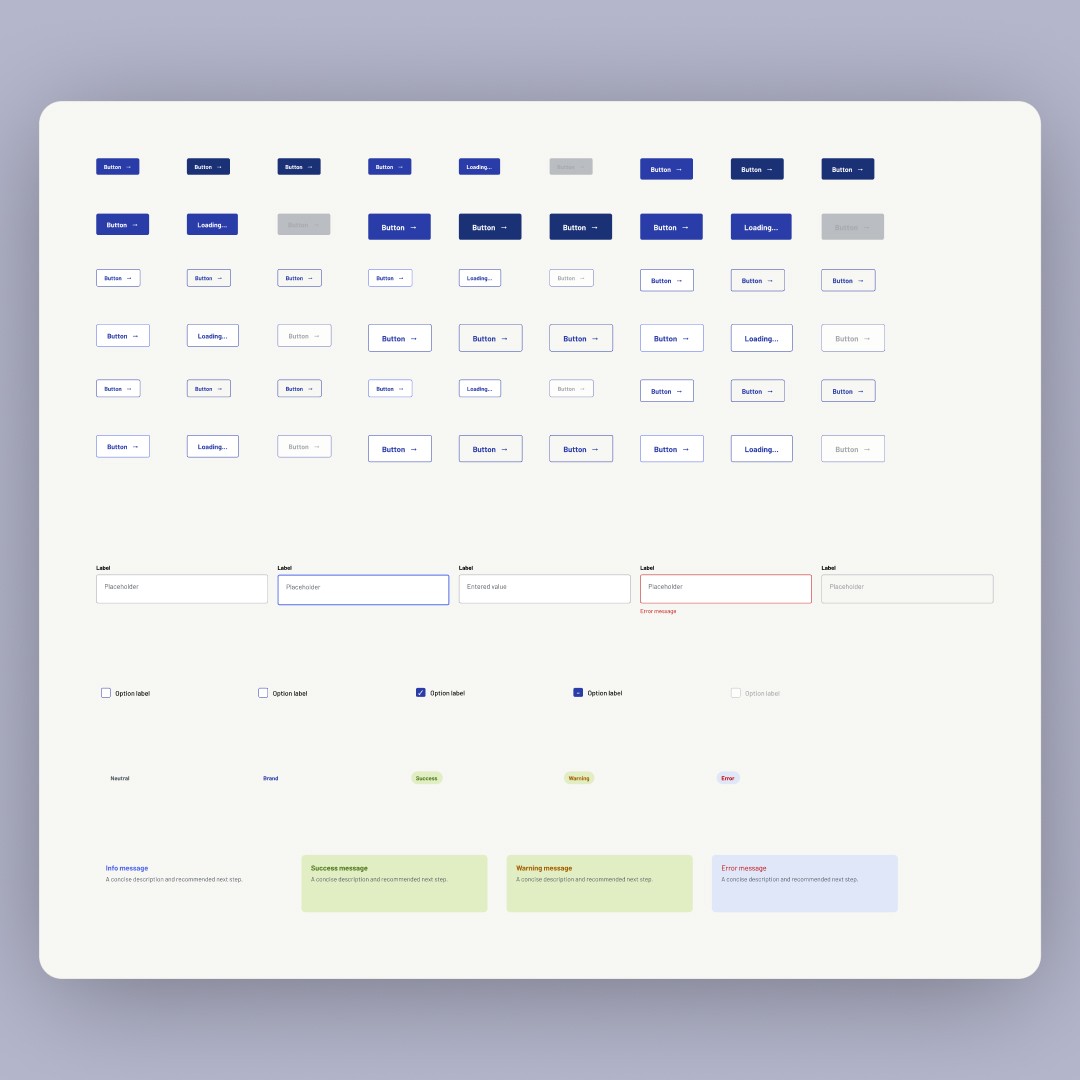 Component sheet: buttons, fields, checkboxes, tags, and info, success, warning and error messages.