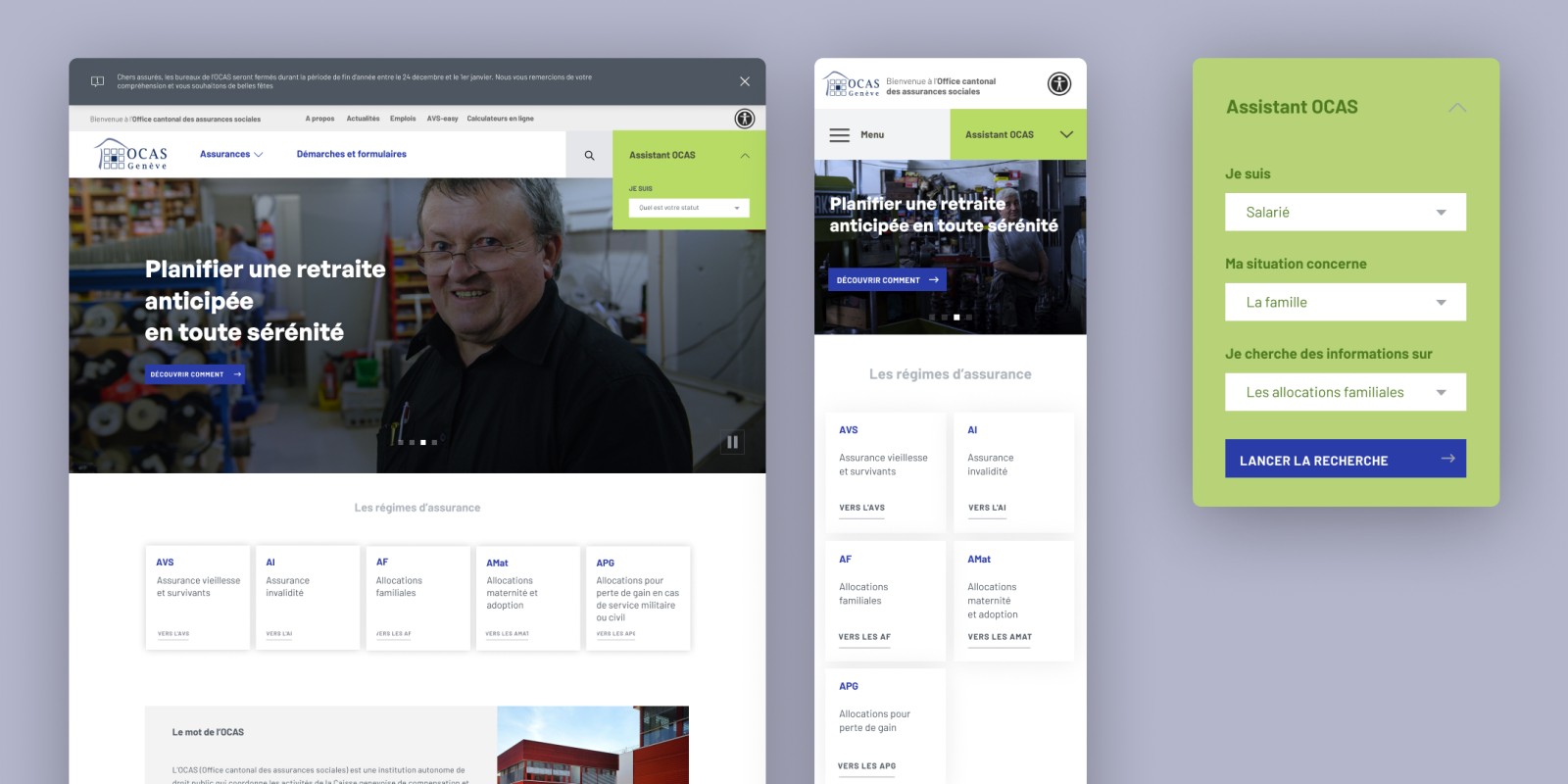 The OCAS home page on desktop and mobile, with the “Assistant OCAS” block on the right.