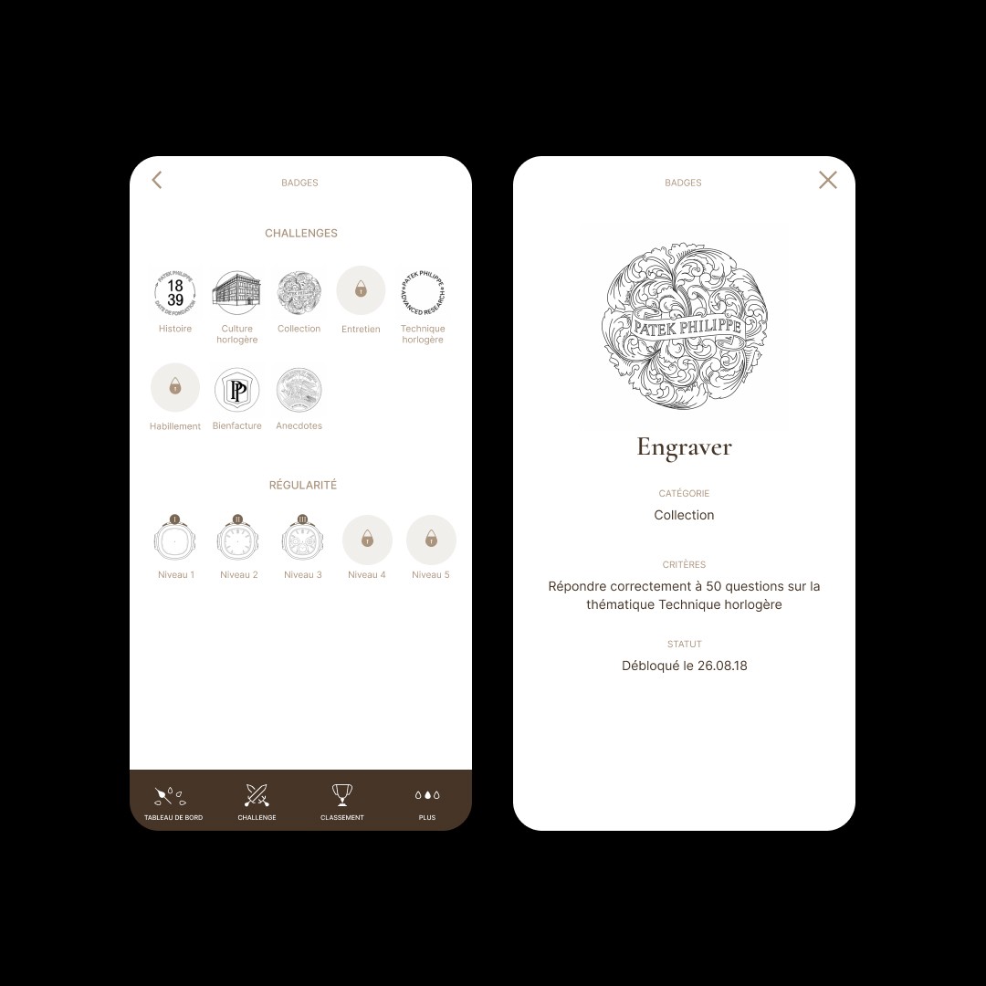 Grille des badges, challenges et régularité, et fiche du badge « Engraver » avec sa condition.