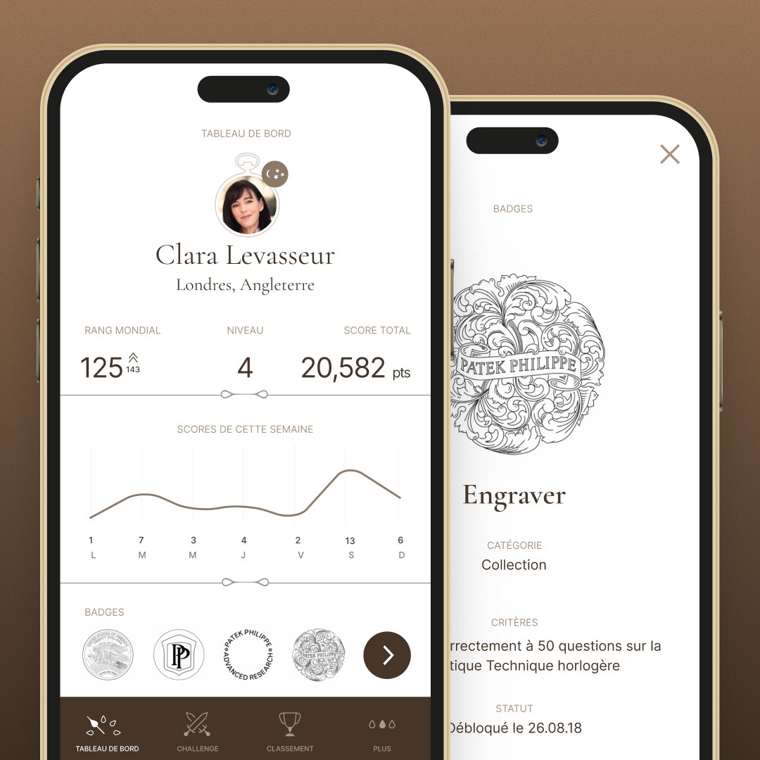 Tableau de bord de Clara Levasseur et fiche du badge « Engraver ».