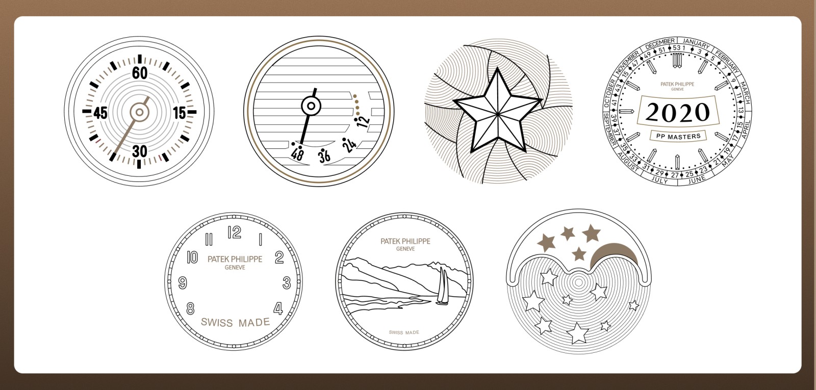 Sept badges en forme de cadran, dessinés au trait.